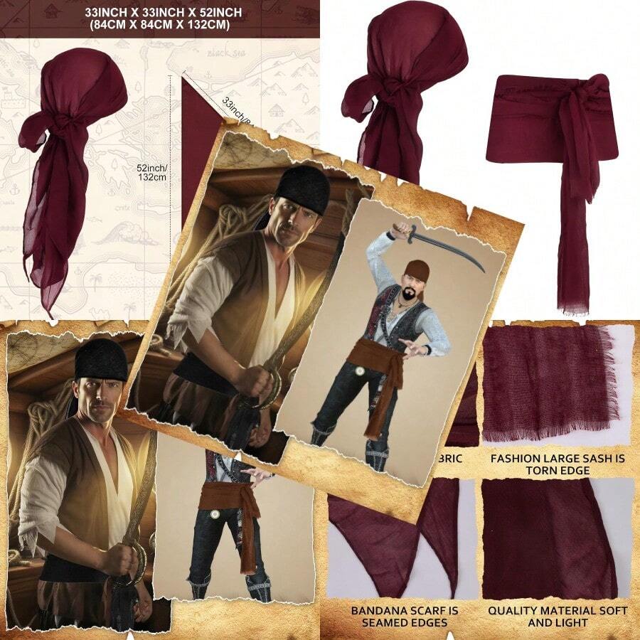 Pirate Costume Men Women Halloween Bandana And Belt Set Accessories For Pirate Hat Styling And Themed Adventures - Rượu vang đỏ - Xem 1
