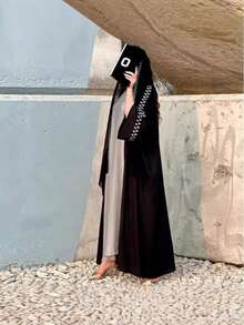 1pc Elegant Embroidered Cuff Simple & Dignified Hijab + Open Abaya, Arabic Embroidered Long Robe Fashion Outerwear Abaya, Suitable For Women's Daily Wear, All Season - 彩色 - 查看 5