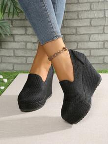 10cm Wedge Heel Elegant Black Comfortable Versatile Slip-On Flats, Suitable For Daily, Vacation, Commute, Party, Valentine's Day Date - Black - View 3