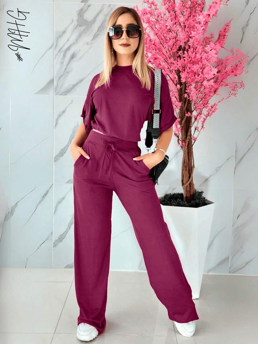 Camiseta de cuello redondo y mangas estilo murciélago y pantalones con cordón en la cintura, ideal para otoño - verano- invierno, comodo, tiro alto, bonito, comodo, casual, informal, oficina, calle, regalo,