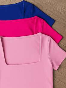 Square Suplex Cropped Top With Casual Lining For Women, Kit With 3 - 比克藍/粉紅色/淡粉紅色 - 查看 2