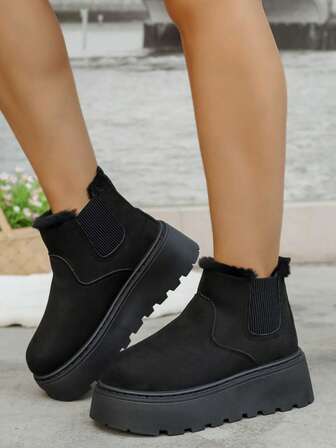 女士冬季黑色毛绒雪地靴，厚底户外冬鞋，6厘米厚底增高日常步行户外运动鞋，毛绒靴，皮草靴