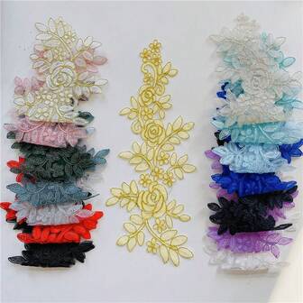 1 Pair Gold & Pink Embroidered Lace Applique Patches, DIY Clothing Decorative Accessories