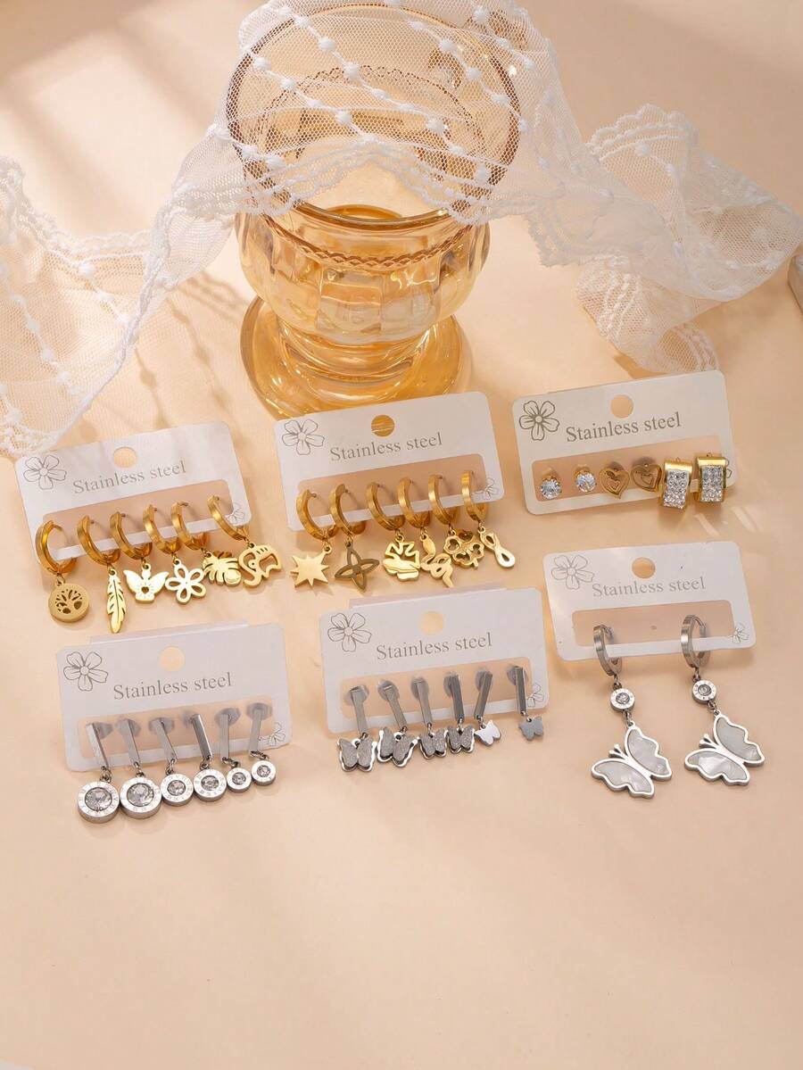 Set de 6 piezas de aretes con diseños minimalistas de estrella, trébol e infinito, adecuado para uso diario o fiestas de chicas adolescentes