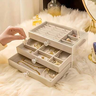 Elegante caixa de armazenamento de joias de três camadas com gaveta - porta-brincos retangular de tecido, caixa de exposição à prova de poeira, perfeita para decoração de casa, escolha perfeita para Halloween e Natal