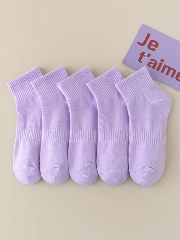5 Pairs Purple Socks, Solid Color Socks, Korean Style Mid-Calf Socks, Versatile For Summer And Autumn/Winter, Unisex Sports Socks, Couple Socks