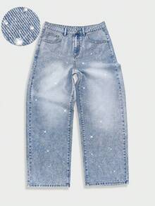Quần jeans nam dáng rộng, ống thẳng, đính đá lấp lánh, kiểu boyfriend, quần denim xanh cổ điển, quần dài phong cách đường phố. - Màu xanh lam - Xem 1