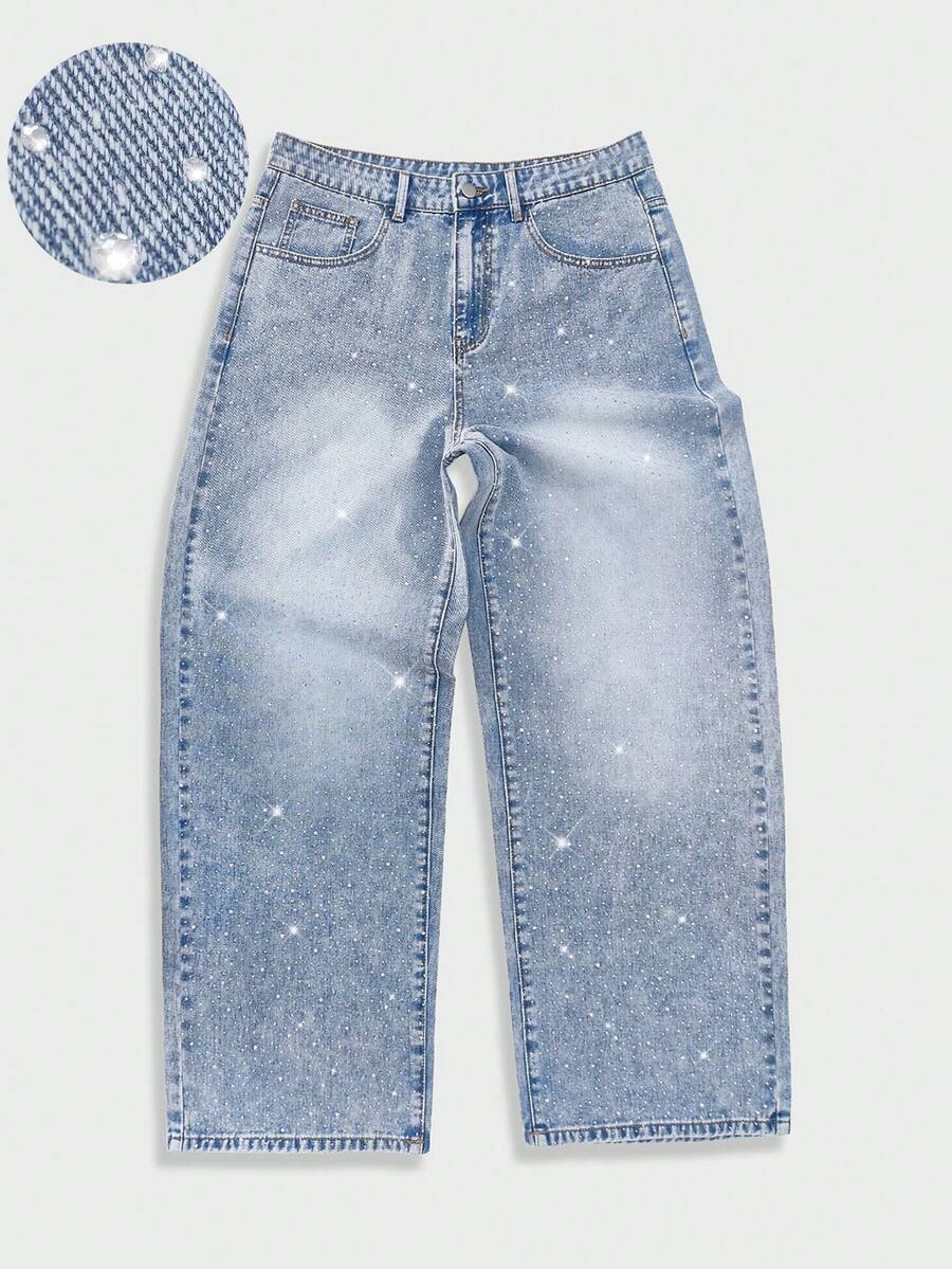 Quần jeans nam dáng rộng, ống thẳng, đính đá lấp lánh, kiểu boyfriend, quần denim xanh cổ điển, quần dài phong cách đường phố. - Màu xanh lam - Xem 1