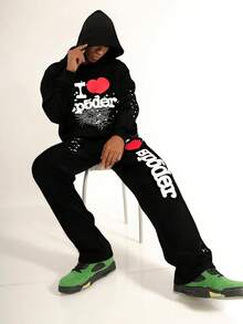 2025 New Style Fashion Unisex Spider Web Foam Print Hip Hop Loose Heavyweight Terry Hoodie - 黑色 - 查看 1
