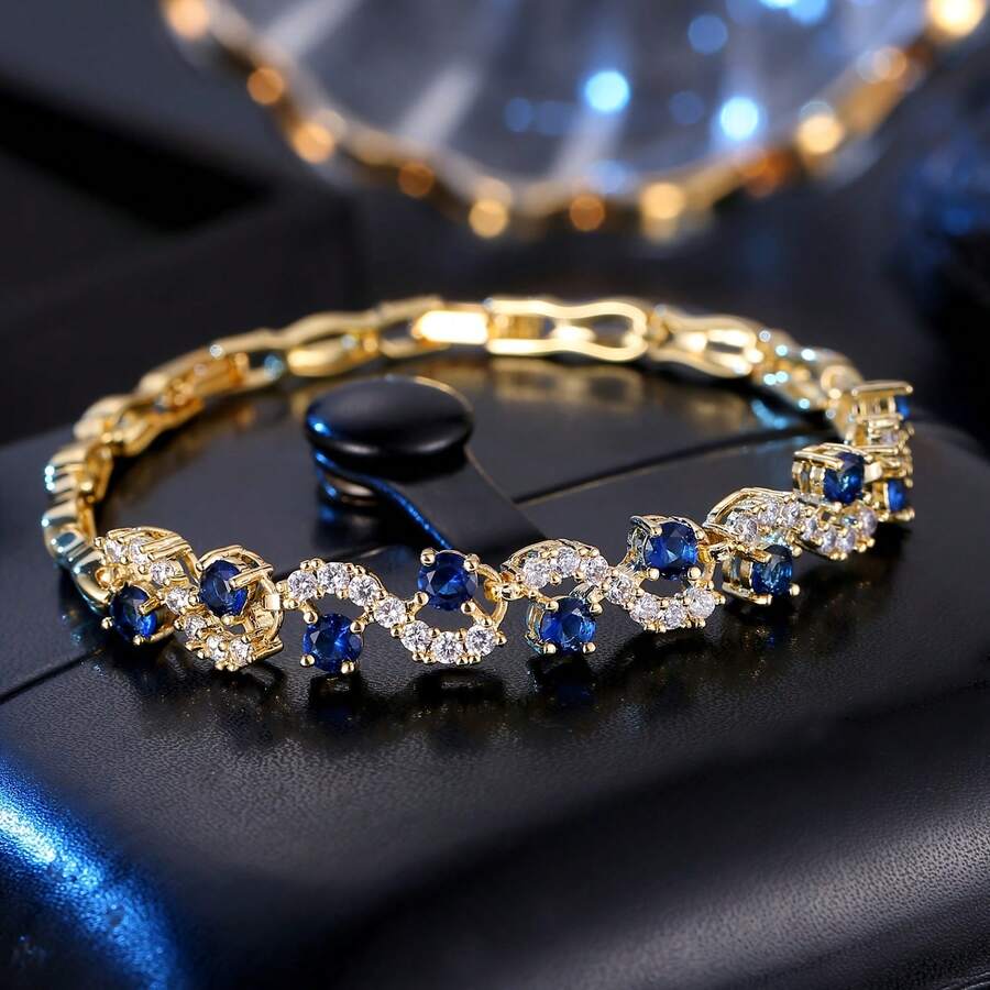 1pc Blue High-Quality Zirconia Inlaid Gold Bracelet, Luxurious, Elegant, Suitable For Daily Wear Or Gifting. - Multicolor - View 1