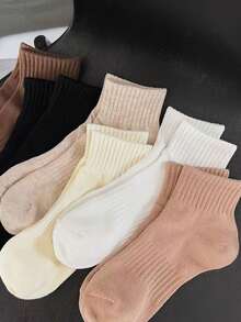 5 Pairs Women's Autumn/Winter Mid-Calf Short Socks, Fashionable Solid Color Socks, Suitable For Postpartum, Sports, Random Delivery - Multicolor - View 3