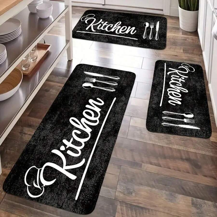 1/2/3pcs, Modern Black Kitchen Mat, Kitchen Mat, Flannel Material - Soft And Comfortable, Suitable For Bedroom, Living Room, Dining Room, Kitchen, Bathroom Entrance Mat - 白色 - 查看 1
