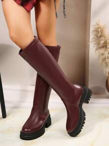 女秋冬新款小高筒靴厚底高筒马靴过膝皮靴时尚短靴酒红色过膝靴 - 酒紅色 - 查看 7