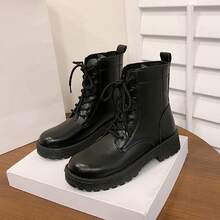 2025 Herbst/Frühling Neue Vintage Plateau Schnür-Plateau-Stiefeletten mit rundem Zehenbereich und Plateauabsatz, Schwarz, Kurze Stiefel für Damen