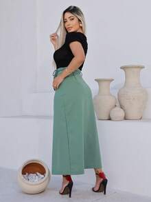 Women's Long Linen Skirt With Front Slit PAULA With Pockets And Drawstring At The Waistband Evangelical - 薄荷綠 - 查看 5