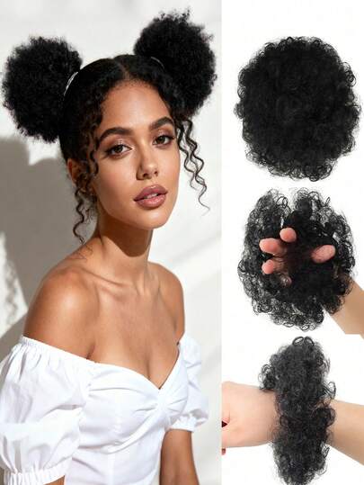 2 st 4 tums elastiska uppsatta hårknutar, afro puffar kinky lockig chignon, naturlig svart syntetisk peruk lämplig för dagligt bruk