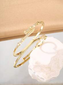 2pcs/Set Fashionable Personalized Nail & Zirconia Openable Bangle & Ring Combo, Gift For Girlfriend, Date, Birthday - Gold - View 2