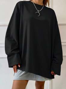 Livesso Split Hem Drop Shoulder Tee,Fall Clothes Preppy Tops Long Sleeve Women Tops - Black - View 4