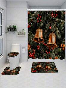 1/4 Stücke Weihnachts-Stechpalme & Tannenzapfen Glocke Muster wasserdichter Duschvorhang Set mit 12 Haken, geeignet für Fenster, Badezimmer, verschiedene Größen erhältlich