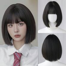 NAMM 12 Inch Black Short Bob Wigs For Women - Elegant Short Straight Hair Wig With Bangs, Premium Silky Synthetic Heat Resistant Costume Wig For Daily Wear, School & Music Festivals Celebrations Use. ,Halloween Cosplay Anime Or Costume Use