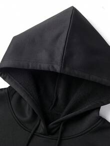 男士布鲁克林主题印花口袋连帽衫，秋冬街头风长袖上衣 - 黑色 - 查看 8