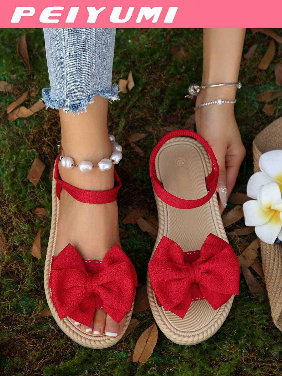 PEIYUMI 加大码女式厚底凉鞋，蝴蝶结装饰，弹性可调节设计，EVA防滑外底，时尚休闲沙滩人字拖，夏季适用 - 紅色 - 查看 1