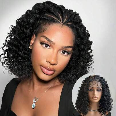 Peluca elegante de bob trenzado con rizo de Jerry - Peluca trenzada con cabello rizado HD con encaje frontal transparente 13x6 para mujeres
