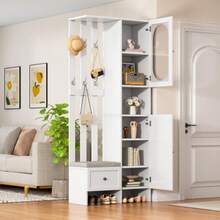 Compact Wardrobe 85*33.5*200 Cm, Home Furniture With 2 Wardrobes, Tempered Glass Storage Cabinet, Wardrobe Set, White Entrance Cabinet, Coat Rack With Shoe Bench And Cushions - White - View 1
