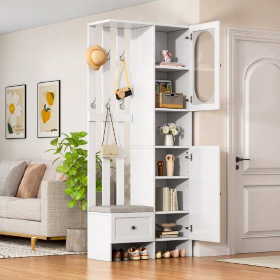 Compact Wardrobe 85*33.5*200 Cm, Home Furniture With 2 Wardrobes, Tempered Glass Storage Cabinet, Wardrobe Set, White Entrance Cabinet, Coat Rack With Shoe Bench And Cushions - White - View 1