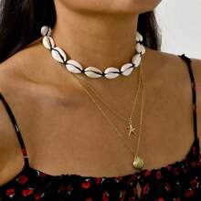 2 Piece Bohemian - Style Layered Necklace Set, 18K Gold - Plated Unisex Clavicle Chains With 3D Seashell & Starfish Charms. Tarnish - Resistant & Lightweight, Perfect For Beach Vacations, Coastal Getaways, Casual Daily Wear, Weekend Brunches & Summer Festivals.