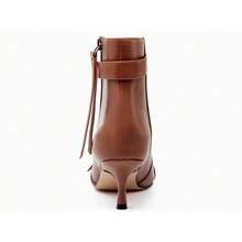 Coutgo Womens Kitten Heel Ankle Boots Pointed Toe Buckle Side Zipper Tassel Fall Winter Booties Shoes - 棕色 - 查看 5
