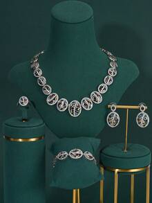 Bộ trang sức Dubai Ả Rập Saudi 4 món, Vòng cổ nhiều lớp đính đá Cubic Zirconia trắng khảm đồng, Bộ trang sức dự tiệc/hẹn hò/quà tặng dành cho nữ, Phong cách Trung Đông và Châu Âu - vàng - Xem 1
