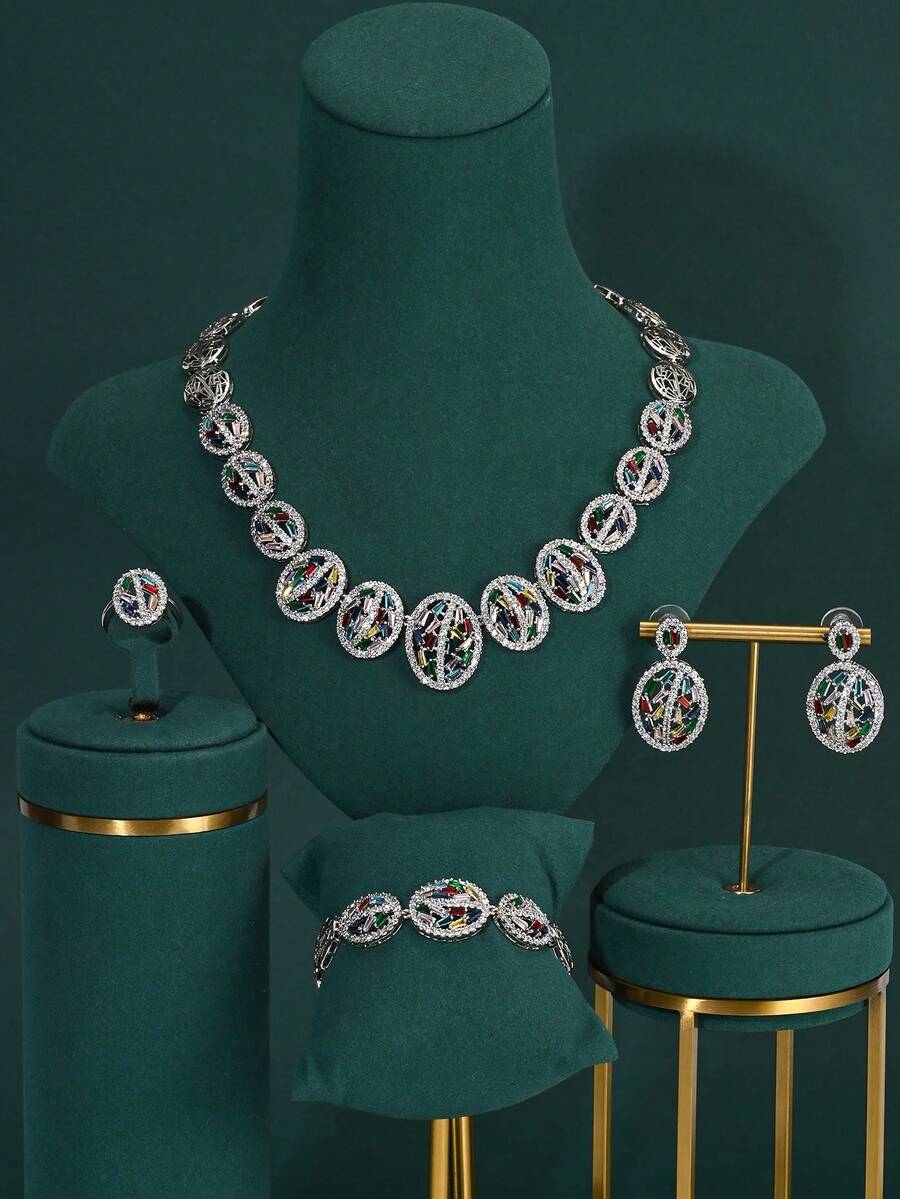Bộ trang sức Dubai Ả Rập Saudi 4 món, Vòng cổ nhiều lớp đính đá Cubic Zirconia trắng khảm đồng, Bộ trang sức dự tiệc/hẹn hò/quà tặng dành cho nữ, Phong cách Trung Đông và Châu Âu - vàng - Xem 1