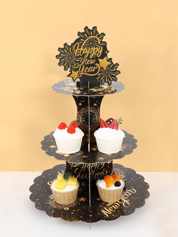 1set 3 Tiers Happy New Year Cupcake Cake Stand,Black Gold Fireworks Countdown Clock Design Dessert Display Stand,New Year Theme Party Decoration,New Year Party Decor Cardboard Cupcake Stand Holder,Cupcake Tower Dessert Holder,Home Decor,Table Decor,New Year Celebration Kitchen Cake Decorations Party Supplies,2026 Year Gift