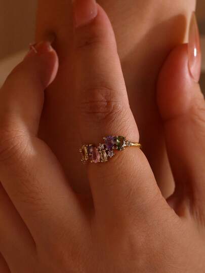 1 pezzo Anello di moda con gocce d'acqua in zirconia cubica colorata per donna, in acciaio inossidabile color oro, di forma geometrica regolabile, regalo per matrimonio e feste