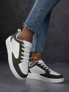 2025新款女士系带休闲鞋、运动鞋、白色鞋、休闲鞋、滑板鞋、轻便街头滑板鞋 - 軍綠色 - 查看 5