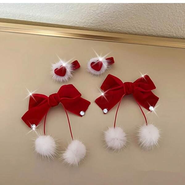 Cute Pom Pom Clip New Year Red Bow Single-Sided Clip Side Bangs Clip Velvet Duckbill Clip New Year Hair Accessories Autumn Winter
