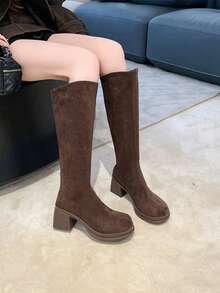 Western Style Casual Buckle Decor Holiday Chunky Heel Over-The-Knee Boots, New Autumn/Winter Slim Fit Square Toe Long Suede Fashion Boots - Brown - View 1