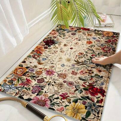 波西米亚花卉防滑浴室垫 - 超柔软仿羊皮，吸水，非常适合浴室、厨房和入口装饰 - 可水洗，优雅的设计，浴室垫 | 活力浴室垫 | 毛绒涤纶垫，浴室地毯