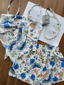 JING MODAS Crepe Set Of Cropped Top + Shorts With Lining - Blue - View 5