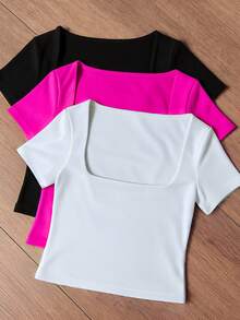 Square Suplex Cropped Top With Casual Lining For Women, Kit With 3 - Black/Pink/White - View 1