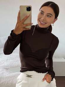 Livesso Women's Solid Color Ruffle Trim Mock Neck Form-Fitting Slim T-Shirt, Coffee Brown, All Season Sheer,Fall Clothes Long Sleeve Women Tops Turtleneck Women - Coffee Brown - View 3