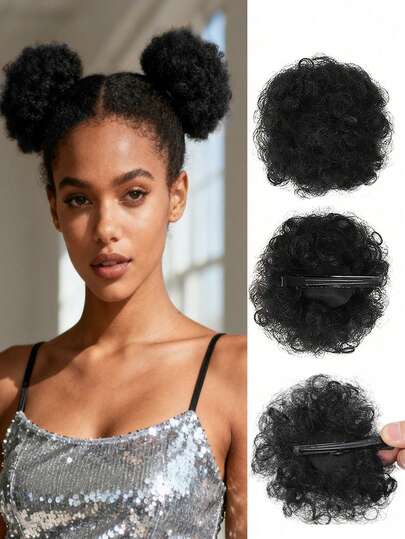 2pcs 4inch Hairpin Style Hair Buns,Afro Puffs Kinky Curly Chignon ,Natural Black Synthetic Wigs Suitable For Daily Wear
