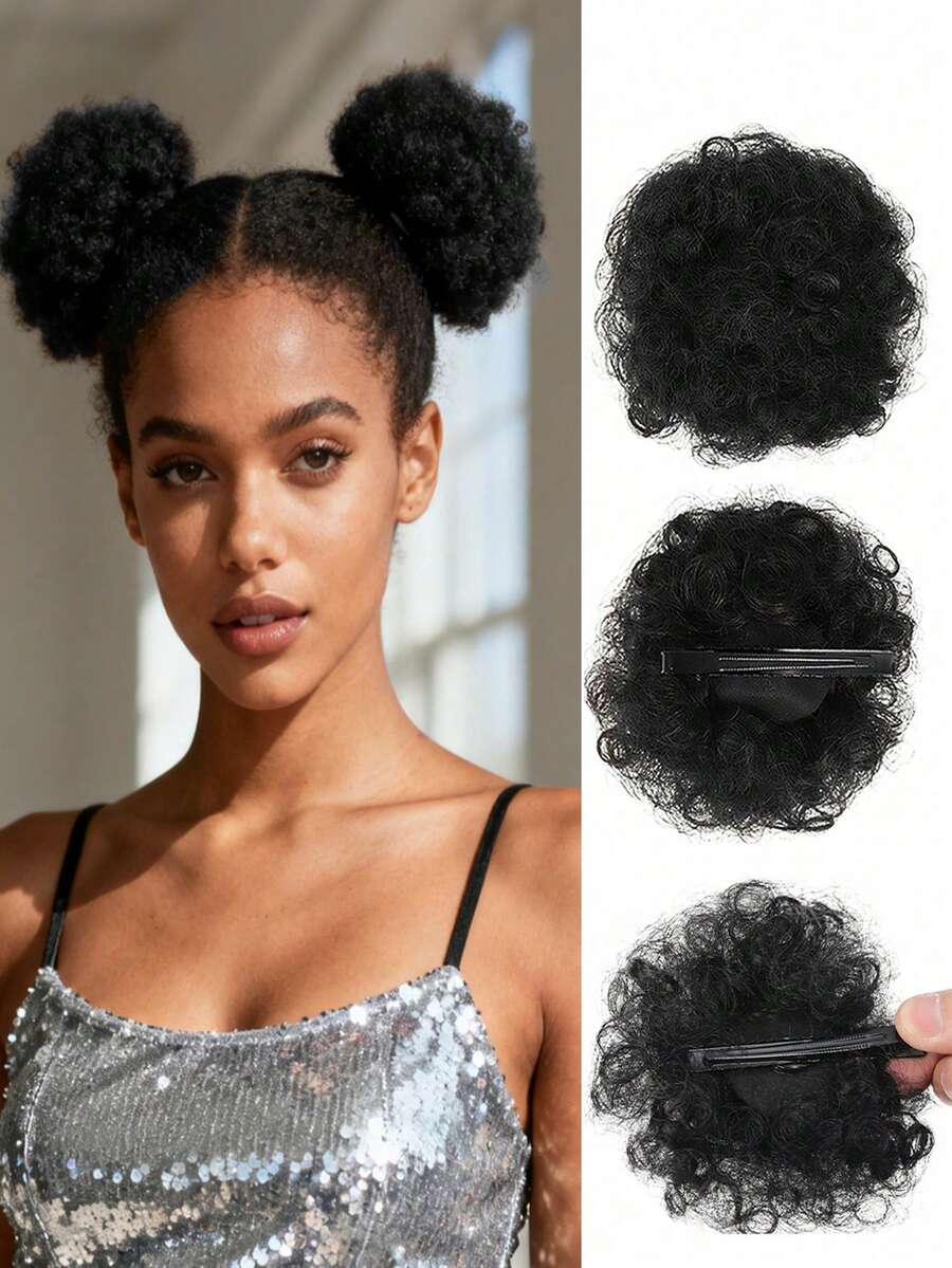 2pcs 4inch Hairpin Style Hair Buns,Afro Puffs Kinky Curly Chignon ,Natural Black Synthetic Wigs Suitable For Daily Wear