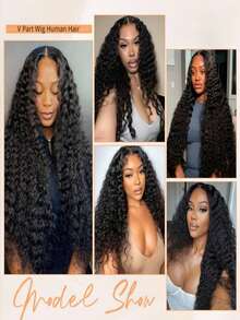 Put On And Go Deep Wave V Part Wig Human Hair Clip In Real Human Hair No Glue No Sew In None Lace Front 180 Density Upgrade U Part Deep Curly Glueless Wigs For Women Beginners Friendly - Natural Black - 查看 8