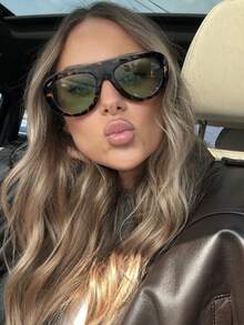 1 Pair Retro Tortoiseshell Color European And American Fashion Fashion Glasses, Wide-Leg Fashionable Toad Eye Fashion Glasses, European And American Retro Personalized Aviator Fashion Glasses, Outdoor Street Photography Display Fashion Glasses, Driving Vacation Beach Accessories - Green - View 2
