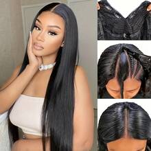 Luxangeles Straight Hair V Part Wig Blended Human Hair 200% Density 34Inches Upgrade Brazilian Glueless Non Lace Front Blended Wigs Full Machine Made Wigs For Women Blended Human Hair Head Clip In Half Wig Daily School Use - Natural Black - 查看 3