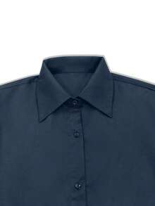 2pcs Plus Size Women's Set - Lantern Sleeve Solid Color Lapel Button Design Short Blouse Top + Pocket Ruched Long Pants, Suitable For Commuting/Business/Office, Spring/Autumn Elegant - Navy Blue - View 4