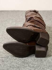 [Stivali alti con tacco spesso per donna] Nuovi stivali alti con tacco spesso di stile europeo e americano per donna, alla moda con cintura e fibbia, stivali alti fino al ginocchio per donna, adatti per primavera, autunno e inverno