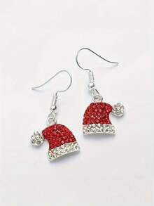 Cercei eleganți cu pandantiv și pălărie de Crăciun pentru femei, aliaj de zinc placat cu argint cu accente de stras, ac de ureche din fier, cadou festiv de sărbători, bijuterii de iarnă, fără pene - 1 pereche